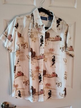Natural Reflections Cream Shirt with Blue Label and Brown Print
